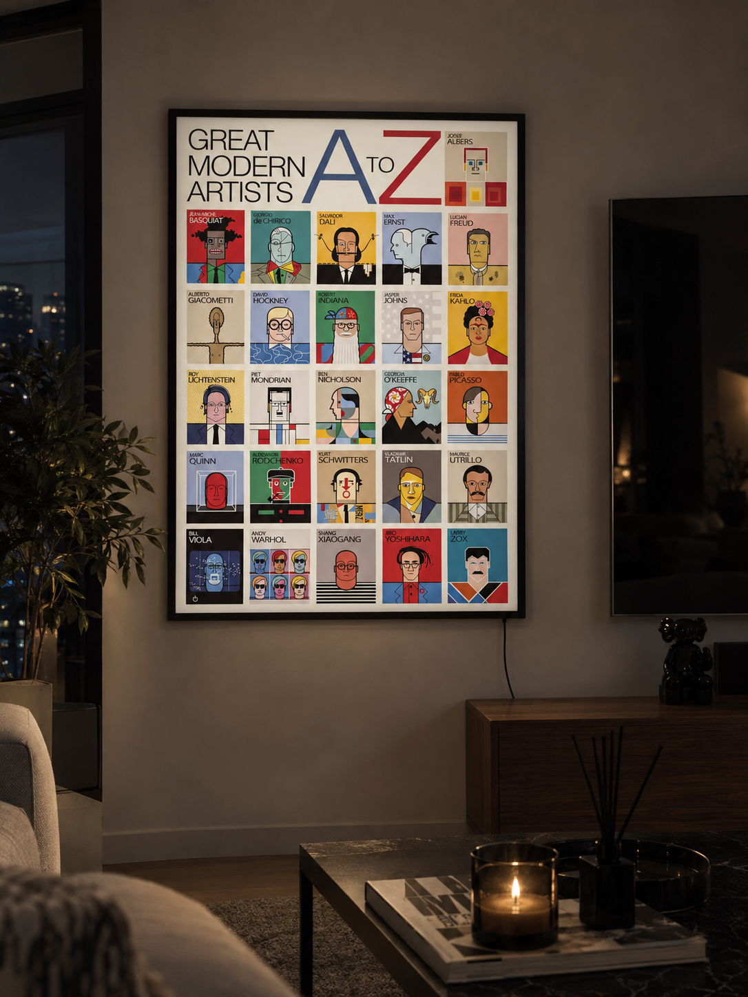 Modern Sanatçılar A’dan Z’ye – İllüstrasyon Poster Tasarım Işıklı Çerçeve Poster – A2 Ultra İnce LED Lightbox Çerçeve
